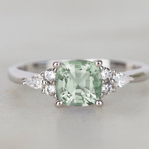 Green Amethyst Ring Cushion Cut Wedding Engagement Ring Etsy