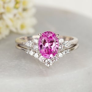 Oval Pink Sapphire engagement ring SET in Sterling Silver Pink Sapphire unique vintage wedding bridal ring sets Promise Anniversary ring set