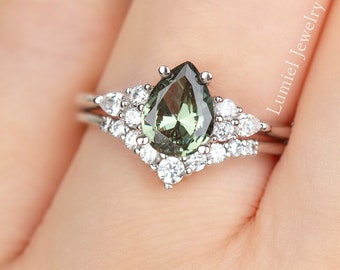 Birne Grün Saphir Sterling Silber Verlobungsring Set