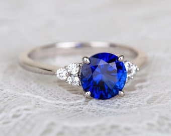 Sapphire engagement ring in 14K White Gold promise wedding ring for women Lab sapphire blue gemstone birthstone silver ring