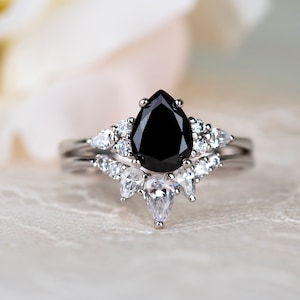 Pear Black Simulated Diamond Ring Set: Sterling Silver Art Deco Bridal