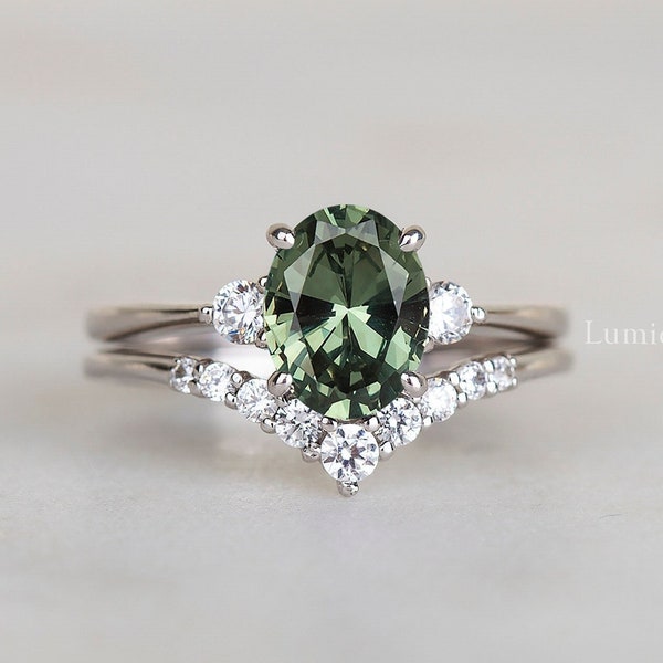 Green Sapphire engagement ring set in Sterling Silver oval green sapphire CZ vintage wedding bridal ring sets Promise Anniversary ring set