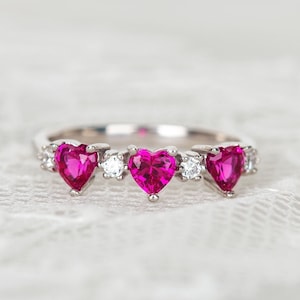Three Heart ruby ring, Ruby wedding ring Lab ruby promise sterling silver ring, Anniversary gift for women