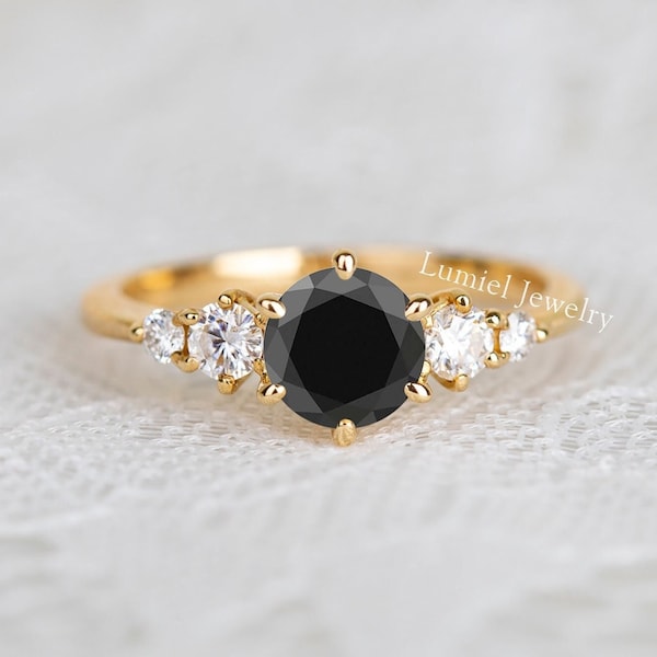 Black Simulated Diamond Engagement ring 14K Solid gold Unique Simulated Diamonds engagement ring wedding bridal promise ring