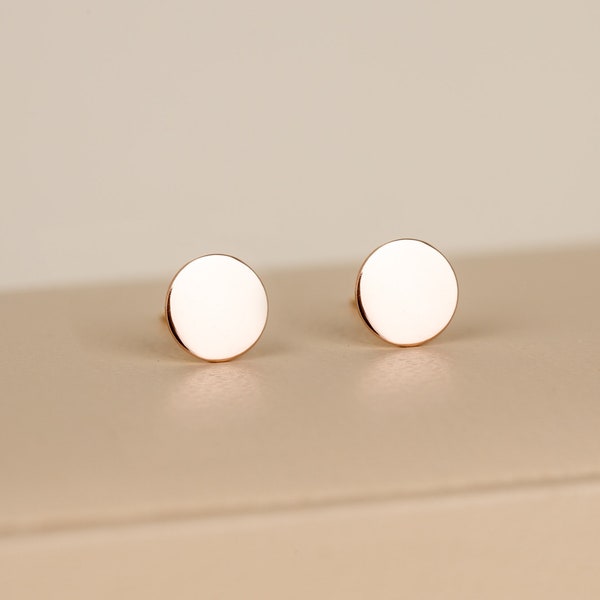 14K Solid Rose Gold round disc earrings, Full moon gold stud earrings, Bridal Wedding earrings, Bridesmaid gift,  Real 14k gold NOT plated