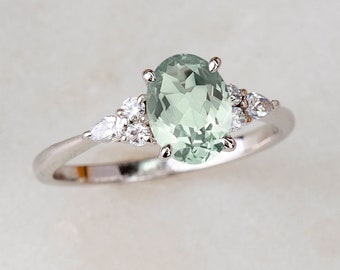 Grüner Amethyst Sterling Silber Brautring Set: Oval Vintage Versprechensring