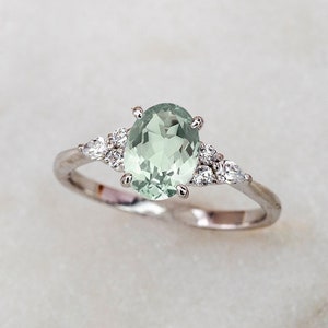 Natural Green Amethyst Ring in 14K Solid White gold ring, Oval  green amethyst engagement ring, wedding ring,  Anniversary gift