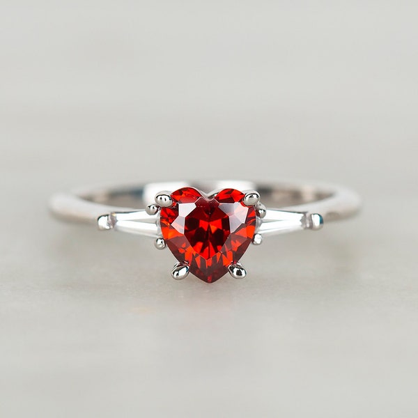 Garnet Heart solitaire Silver ring. Heart vintage wedding bridal promise ring set for women Anniversary gift