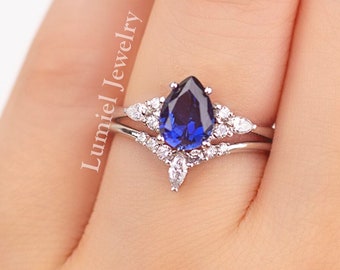 Pear Sapphire engagement ring SET 14K White Gold Pear Sapphire vintage wedding bridal promise ring SET for women Birthstone ring