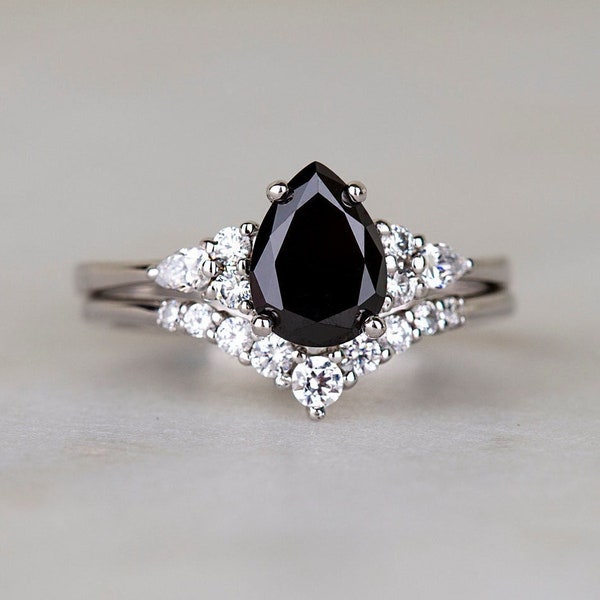 Pear Black Diamond engagement ring SET sterling Silver  Pear Black CZ vintage wedding bridal promise ring set for women Anniversary gift