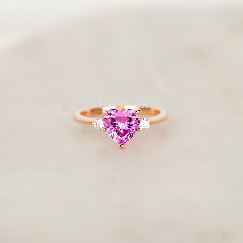 Pink sapphire heart solitaire 14K Solid Rose Gold ring, Heart promise rose gold ring, Anniversary gift image 4