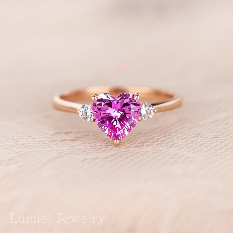 Pink sapphire heart solitaire 14K Solid Rose Gold ring, Heart promise rose gold ring, Anniversary gift Heart Ring ONLY