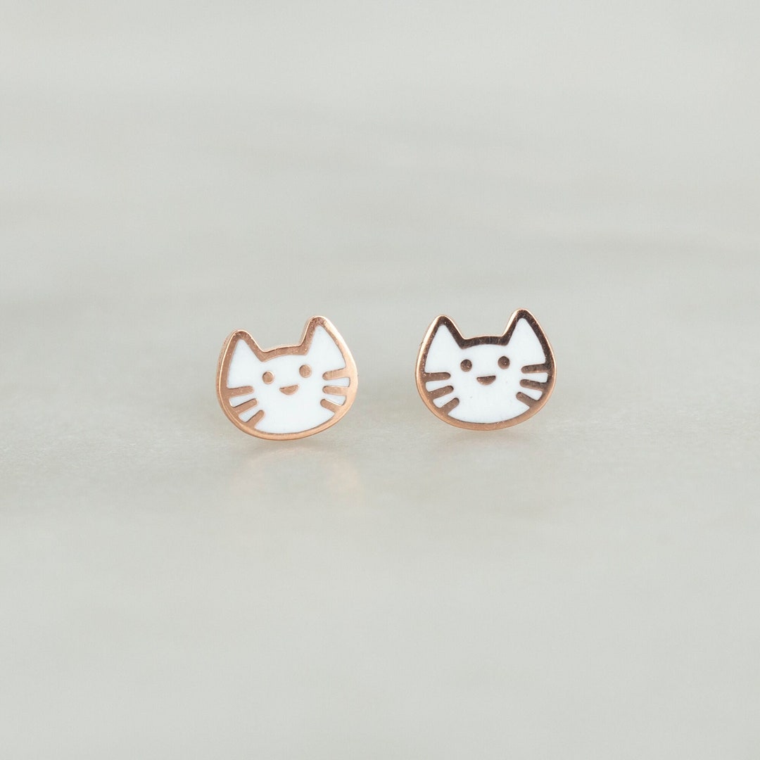 14K Solid Rose Gold Cat Earrings With White Epoxy Enamel, White Cat