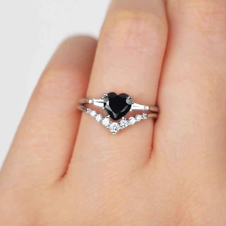 Black Heart Diamond Engagement Ring SET in Sterling Silver Etsy