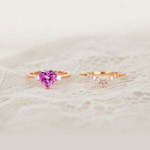 Pink sapphire heart solitaire 14K Solid Rose Gold ring, Heart promise rose gold ring, Anniversary gift Rings SET