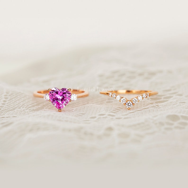 Pink sapphire heart solitaire 14K Solid Rose Gold ring, Heart promise rose gold ring, Anniversary gift Rings SET
