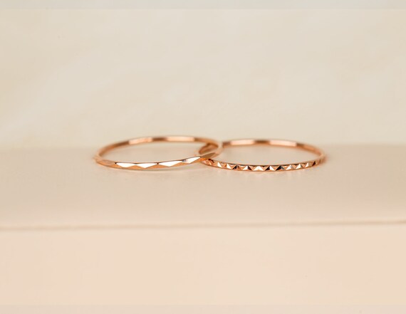 Solid 14K Rose Gold Unique Band Ring Stacking Thin Gold Rings