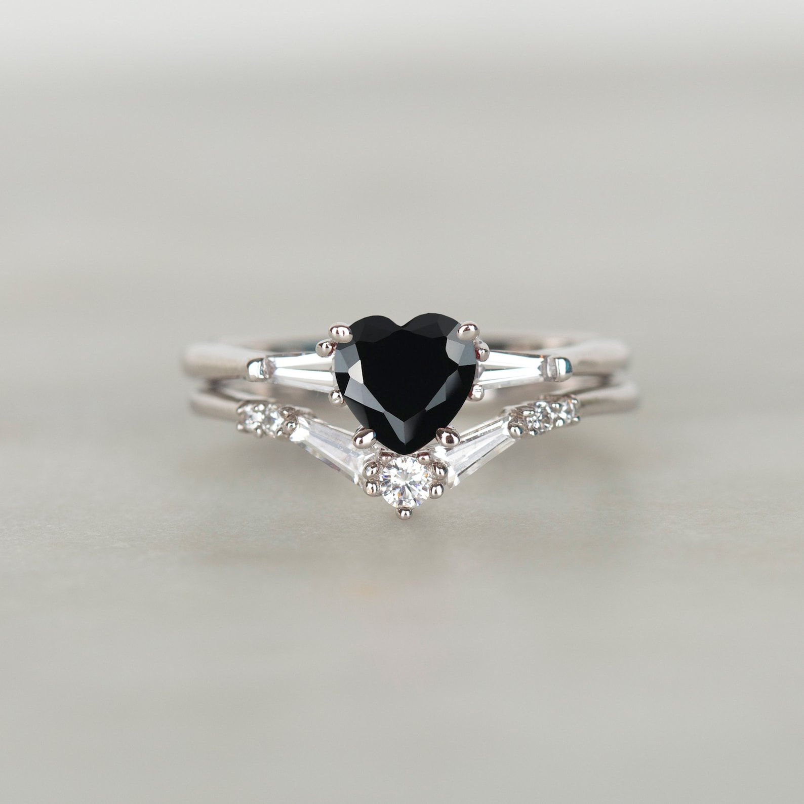 Black Heart Diamond Engagement Ring SET in Sterling Silver Etsy