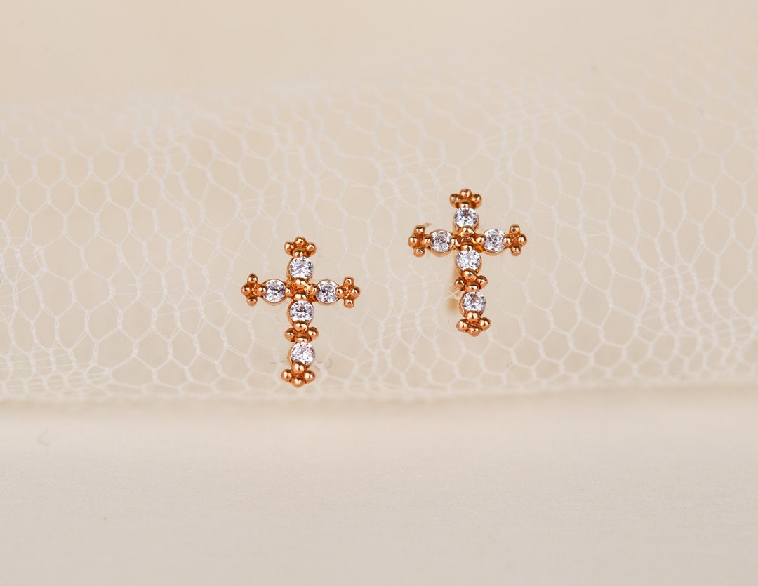 14K Solid Rose Gold Cross Earrings Cross Gold Stud Earrings Etsy UK