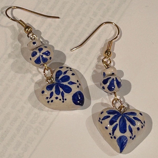 A summer in Portugal - White tile inspired heart earrings