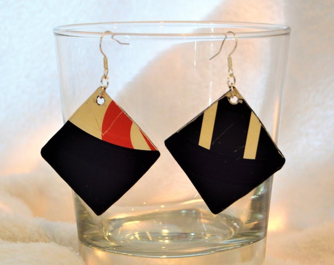 Diamond Dangle Earrings in Black with record label hand made from a broken Vinyl Record
