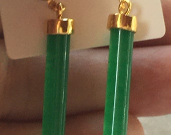 Green Pillar Jadeite Jade Earrings Studs in 10k Gold Plating