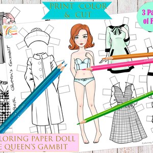 BETH PAPER DOLL, Paper Doll Printable, Instant Download, Coloring Paper Doll, Paperdoll Printable, Queens Gambit Princess digital paper doll