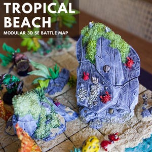 May include: A 3D printed and hand-painted tropical beach battle map for tabletop role-playing games. The map features a rocky cliff, palm trees, and a sandy beach with ocean waves.