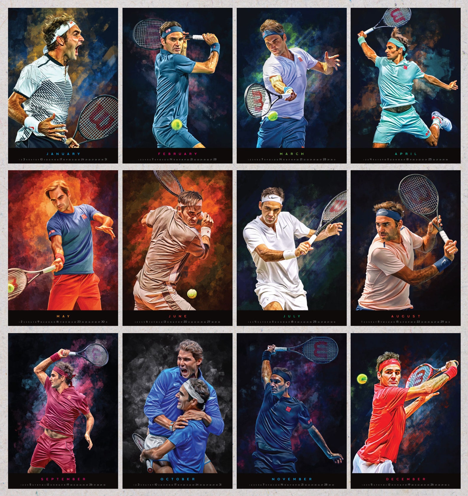Roger Federer Calendar 2022. Digital artbook. Tennis fan art | Etsy