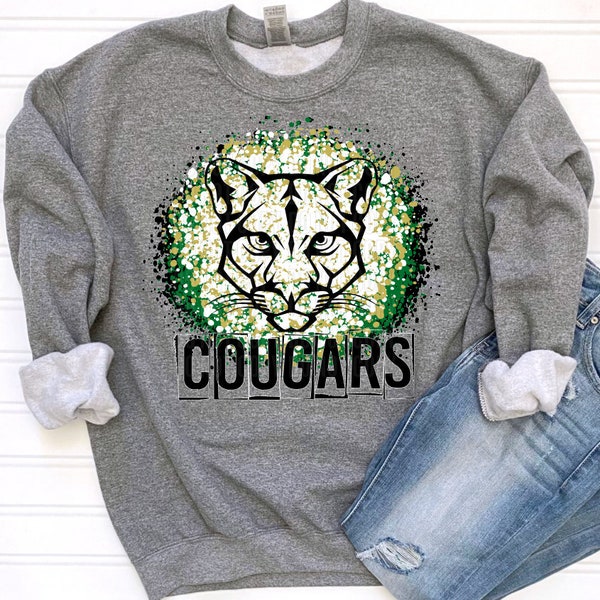 Green Black Gold White Splatter Cougars Mascot Logo / Digital png download/ sublimation download