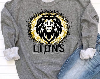 Lions, Black, Gold, Splatter School Team Mascot Logo / Digital png download/ sublimation