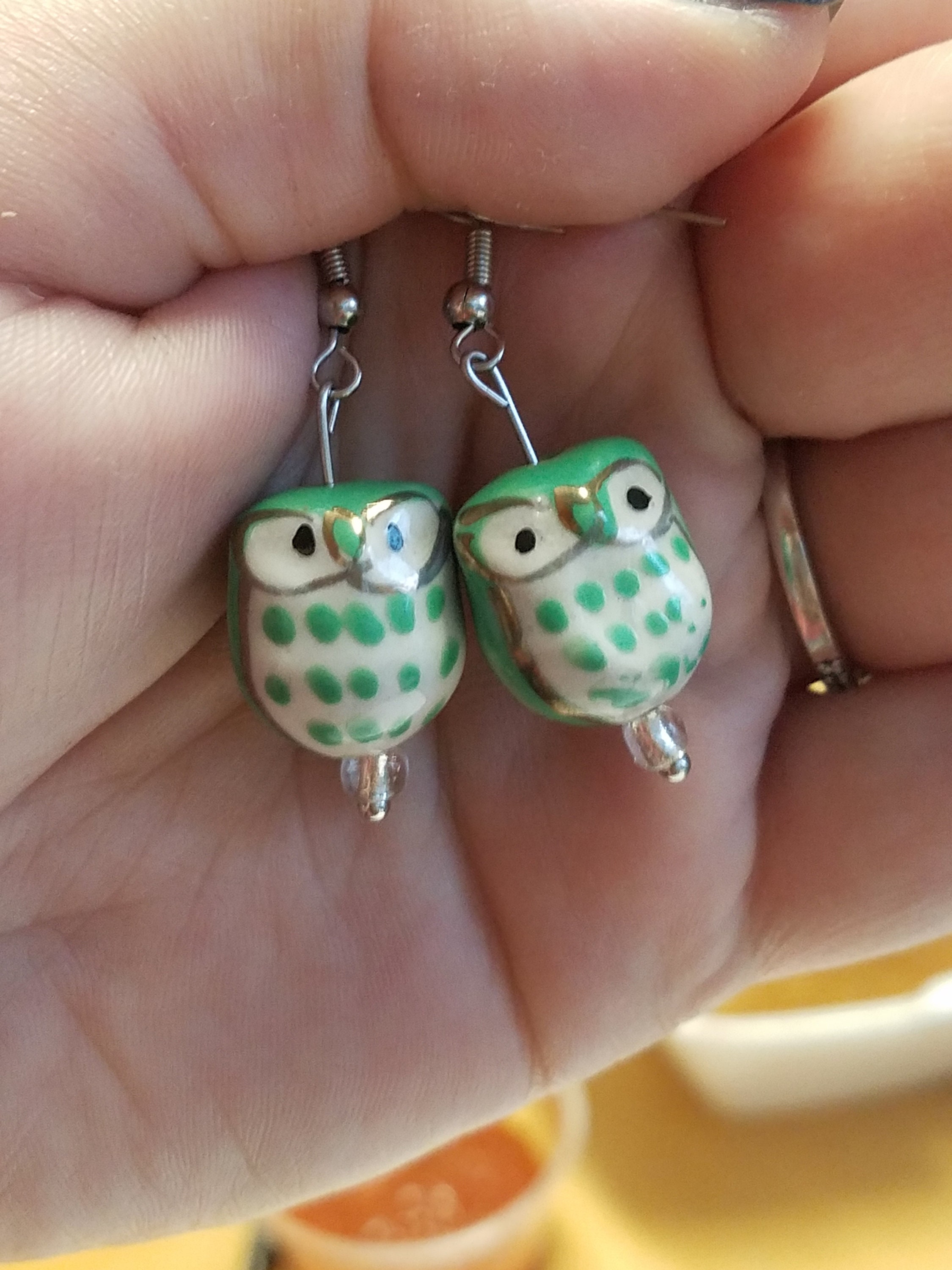 Green ceramic owl earrings