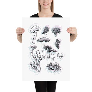 Psychedelische Shrooms | Pilz botanische Illustration Kunstdruck | Boho-Wand-Dekor | | Linie Zeichnung Poster | Weißer Hintergrund