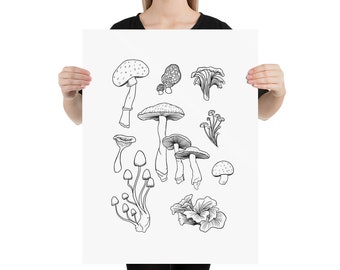 Mushroom Botanical Illustration Art Print | Boho Wall Decor | Line Drawing Poster | White Background