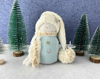 Handmade Turquoise Sock Snowmen wearing up-cycled sweaters and hats in three sizes for Christmas/winter decor & gifts