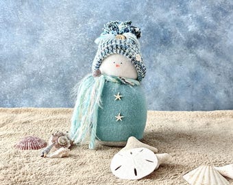 Handmade Coastal-inspired Sock Snowman with up-cycled sweater/hat in 3 sizes