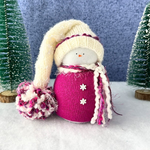 Handmade Pink Sock Snowmen wearing up-cycled sweaters and hats in three sizes for Christmas/winter decor & gifts
