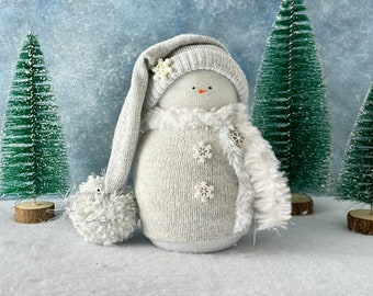 Handmade Silver Snowmen from up-cycled sweaters in three sizes for Christmas/winter decor & gifts