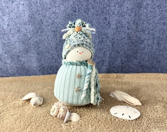 Handmade Coastal-inspired Sock Snowmen with up-cycled sweaters/hats, multiple sizes, Christmas/winter decor & gifts