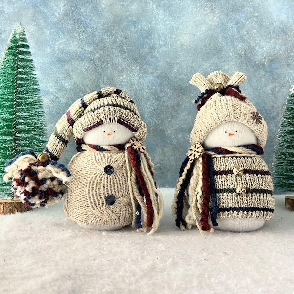 Beige-tan Sock Snowmen handmade from up-cycled sweaters for Christmas/winter decor & gifts
