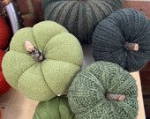 Upcycled green sweater pumpkins in different shades textures, multiple sizes, for cozy, rustic fall decor