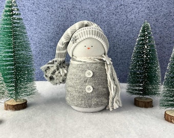 Handmade Gray Sock Snowmen wearing up-cycled sweaters and hats in three sizes for Christmas/winter decor & gifts