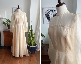 Constance Vintage 70s Champagne Chiffon Wedding Dress • 1970s Does Victorian Renaissance Boho Bridal Gown, Size X-Small