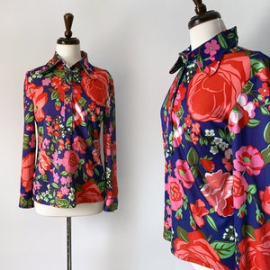 Sonny Vintage 70s Disco Collared Blouse • 1970s Retro Floral Print Button Up Blouse, Size Medium
