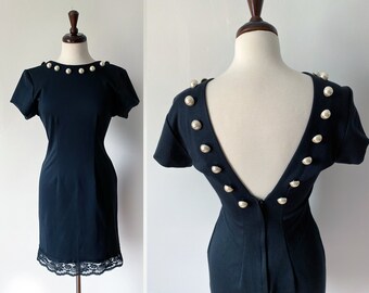 Cora Vintage 50s Inspired Pencil Dress • 1990s Does 50s Midnight Blue Dress with Pearl Buttons, Size Small