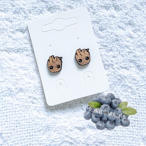 Baby Groot Wood Earrings // Guardians of the Galaxy Inspired Earrings // Groot Wood Stud Earrings