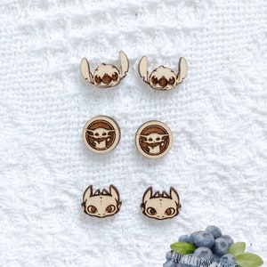The Child Wood Stud Earrings // Stitch Wood Stud Earrings // Toothless Wood Stud Earrings // Character Style Earrings // Custom Earrings