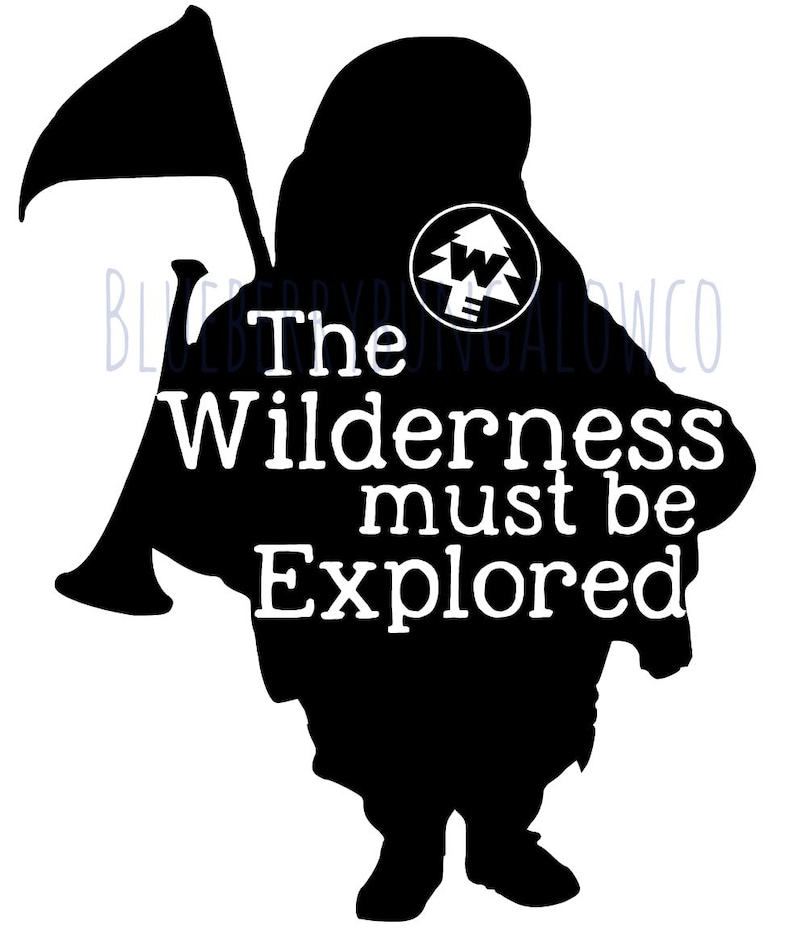 May include: Black and white silhouette of a person holding a flag and a horn with the text "The Wilderness Must Be Explored". A white circle with a pine tree and the letter "W" is on the person's chest.