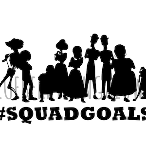 May include: Black silhouette graphic of characters from the movie Coco, including a skeleton, a dog, and several other figures. The text "#SQUADGOALS" is below the figures. The words "BLUEBERRY MANGO CO" are in the background.