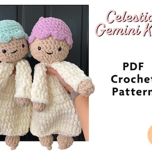 May include: PDF crochet pattern for two plush dolls with white bodies, light blue and purple hair, and the text "Celestial Gemini Kids" in pink.